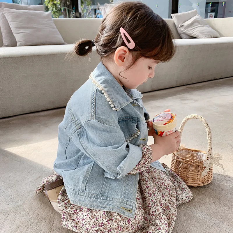 Korean Girls' Spring Clothing New Children's Pearl Denim Jacket Baby Spring and Autumn Jacket Foreign Style Cardigan Denim