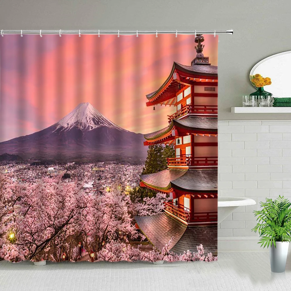 Japanese Scenery Theme Shower Curtains Tower Japan Mount Fuji Landscape Cherry Blossom Flower Bathroom Curtain Set Decor Cloth