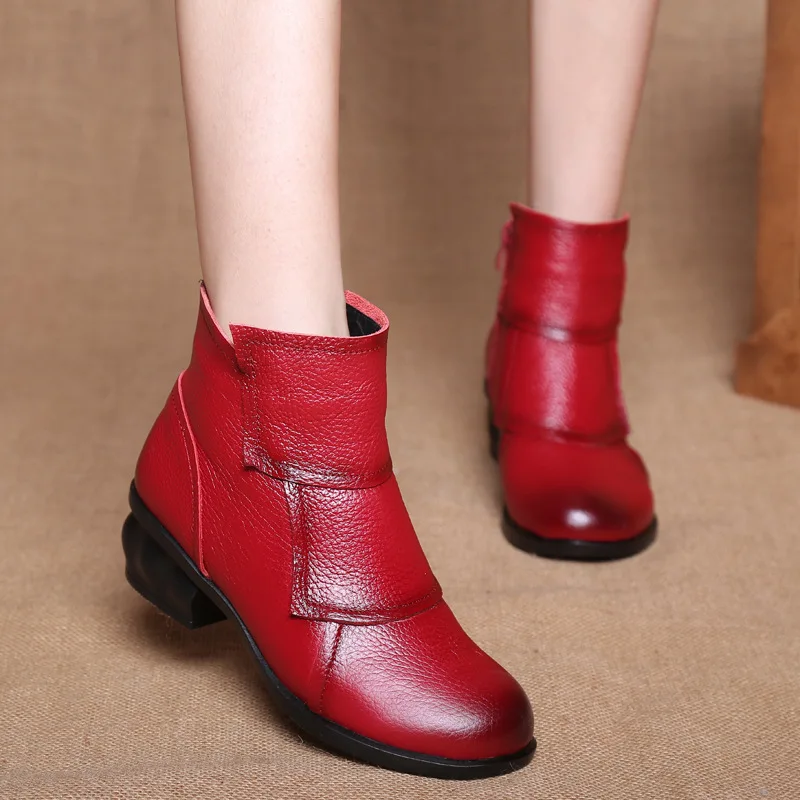 Retro Waterproof Ankle Boots for Women Genuine Leather Blue Square Heels Vintage Comfortable Luxury Heeled Shoes