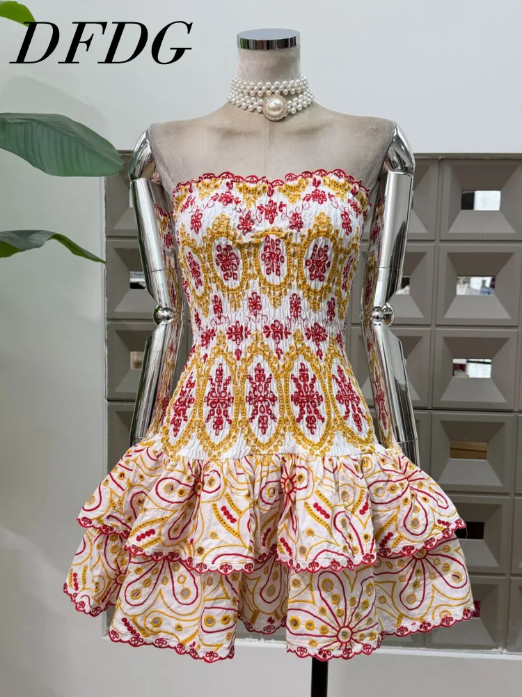 DFDG Abito da donna a strati con ricamo bohémien primavera estate 2025 con maniche svolazzanti, orlo con volant, vita elasticizzata, abito da vacanza