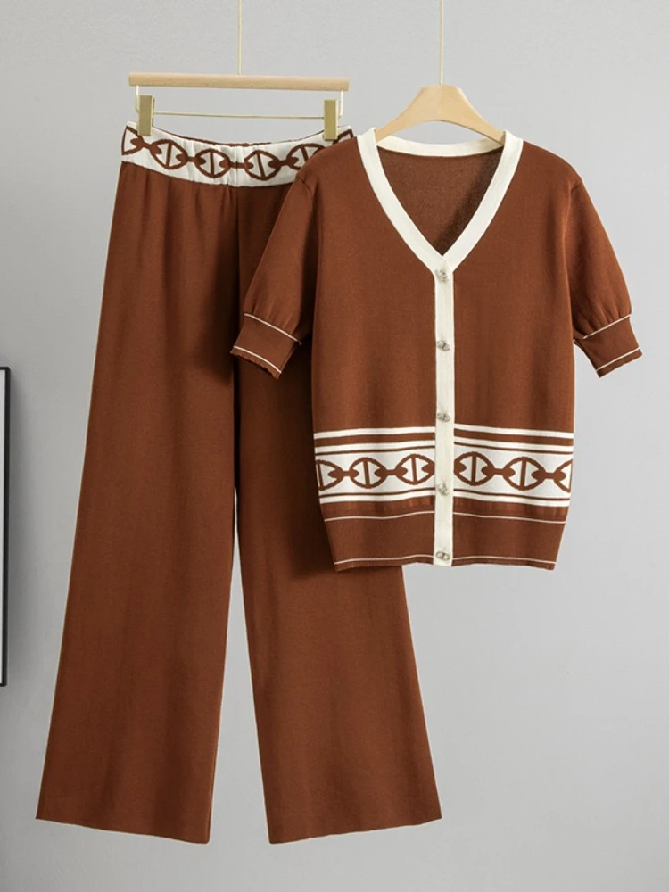 

New collection summer womens outfits lazy style retro color blocked V-neck cardigan top+high waisted wide leg pants set