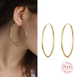 15/20/25/30/35/40/50/70mm 100% S925 Big Huge Thin Hoop Earrings Large Round Circle Ear Jewelry for Women Lady Girl Gold Color