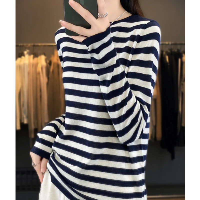 Women's Pullover Spring/Autumn Fine Faux Wool Sweater Casual Striped Knitwear Loose Ladies Tops Round Neck Basic Blouse