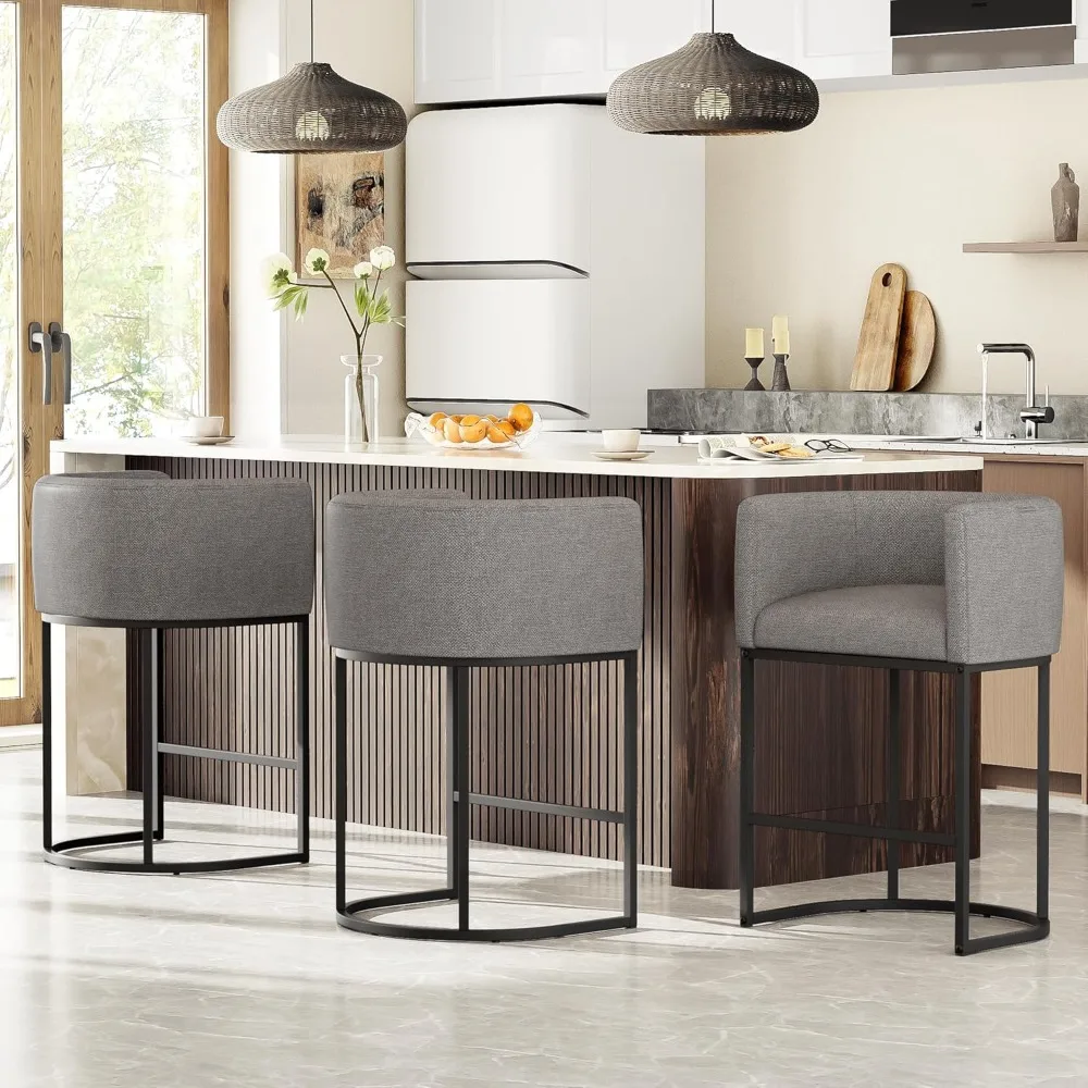 

26" H Counter Height Bar Stools Set of 3, Modern Barrel Counter Stools with Backrest and Arms, Linen Fabric Upholstered Accent B
