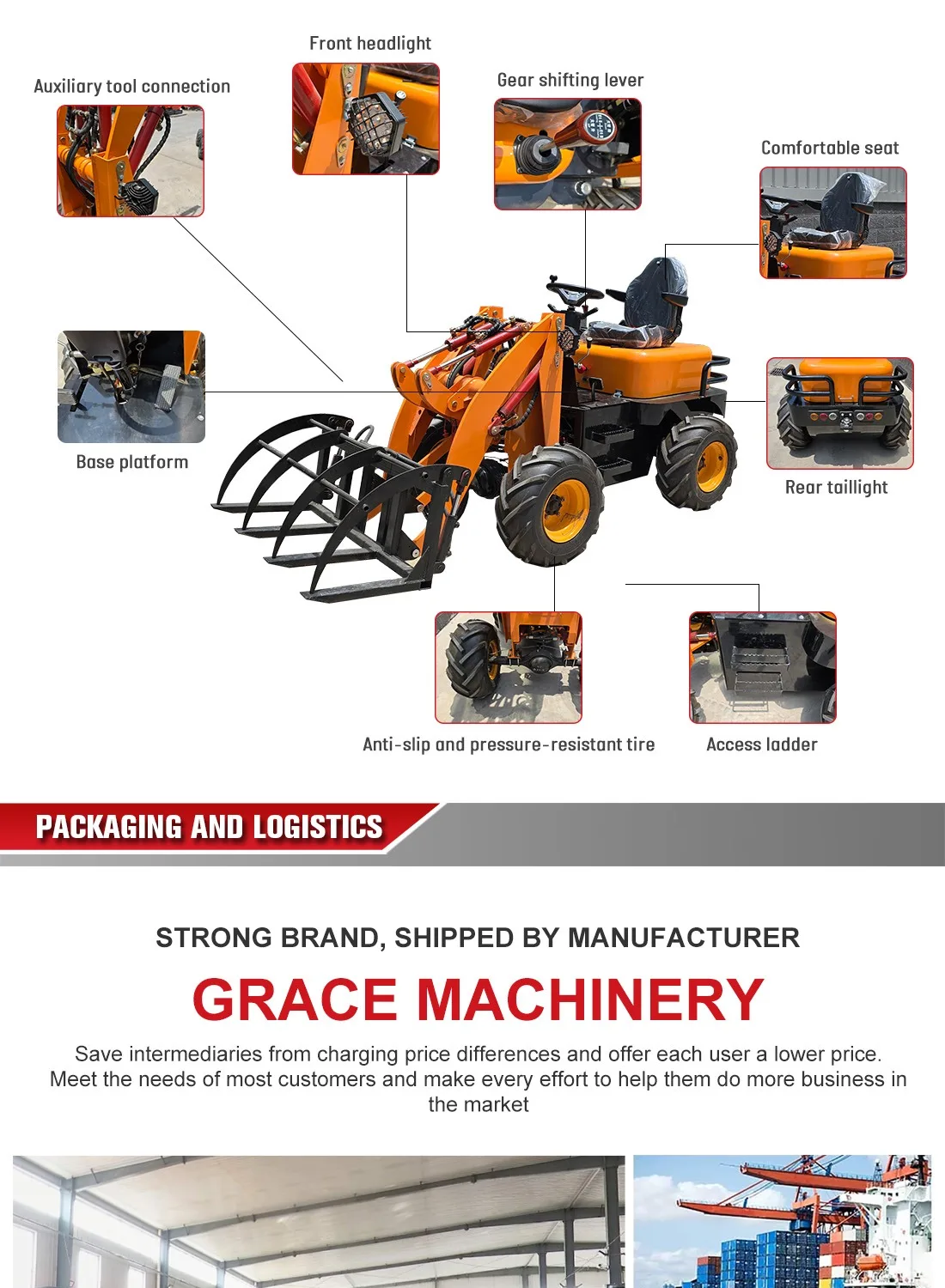 Grace 2-Tonnen-Minilader im Sonderangebot mit kostenlosem Versand, Schwerlast-Kompaktradlader für Bau- und Landwirtschaftstransporte – Detail 6
