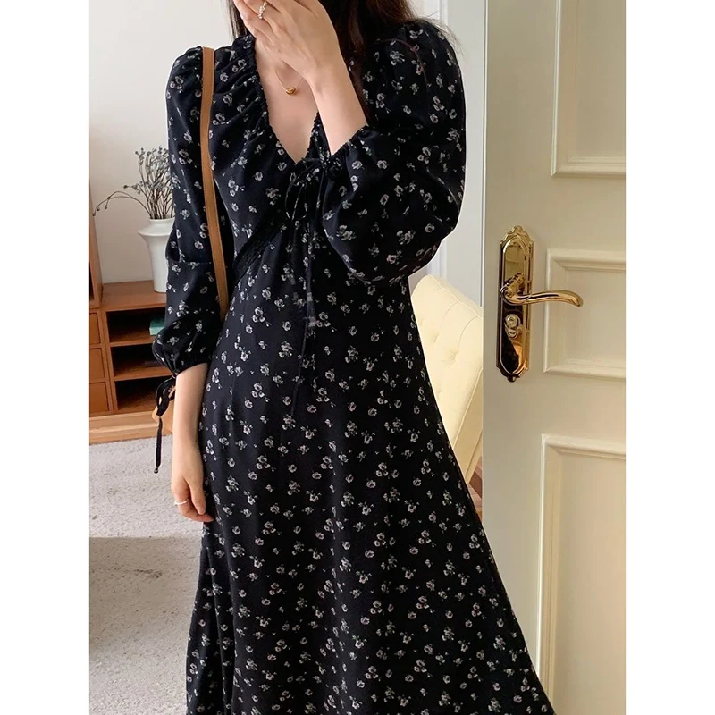 Fashion V-Neck Lace Up Lace Printed Puff Sleeve Floral Dress Women's Clothing 2024 Autumn New Loose Office Lady Vintage Dresses