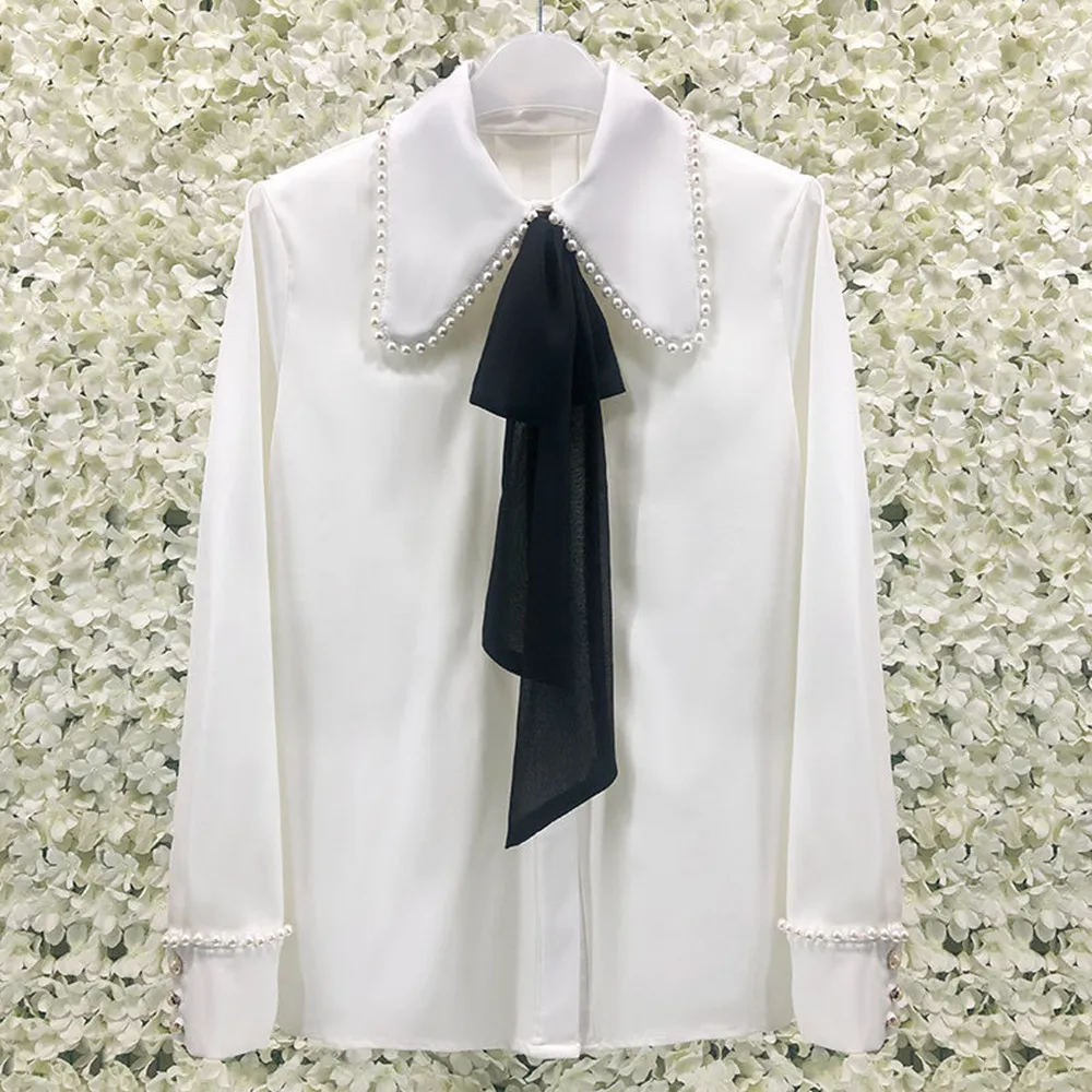 

2022 Spring France Style Women's High Quality Beading Sweet Bowtie Shirt Tops C737