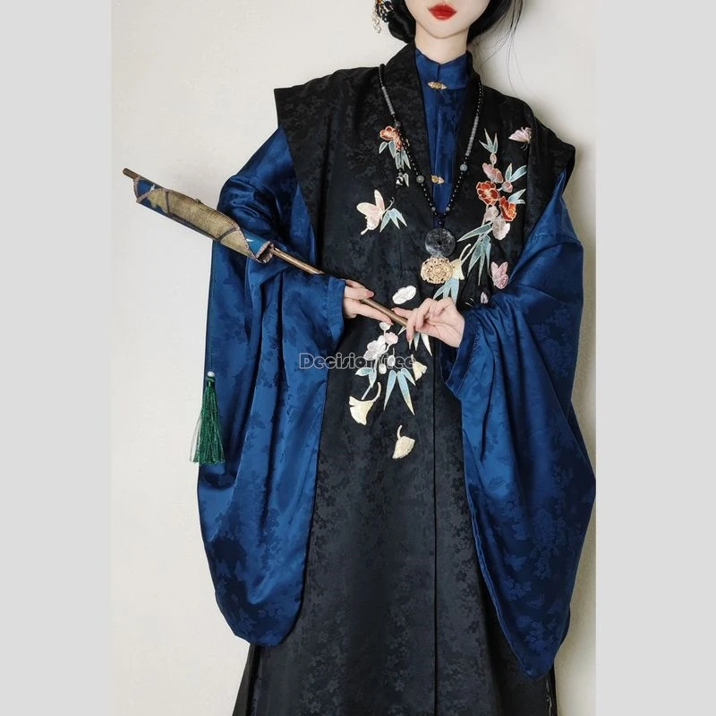

2025 autumn new long embroidered chinese retro modern ming dynasty women's hanfu set big sleeve stand collor shirt vest hanfu