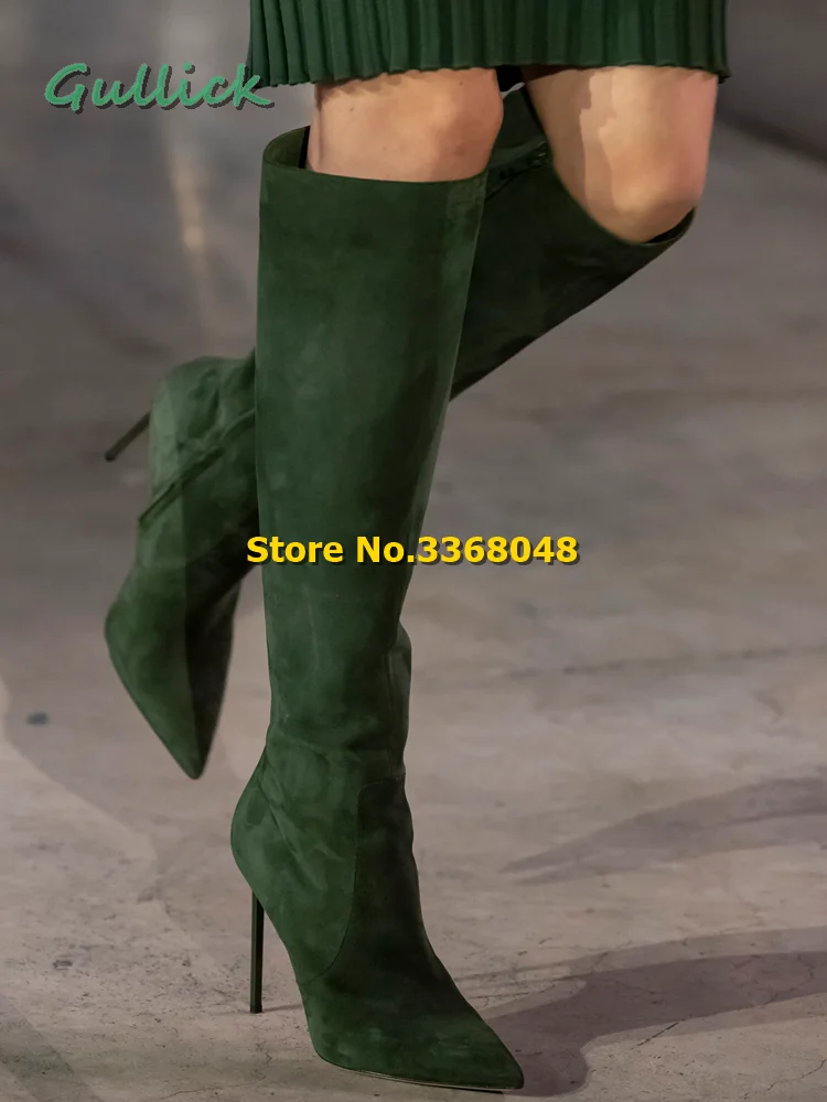 

Army Green Suede Knee High Winter Boots Thin High Heel Zipper Sexy Pointed Toe Solid Fashion Women Boots