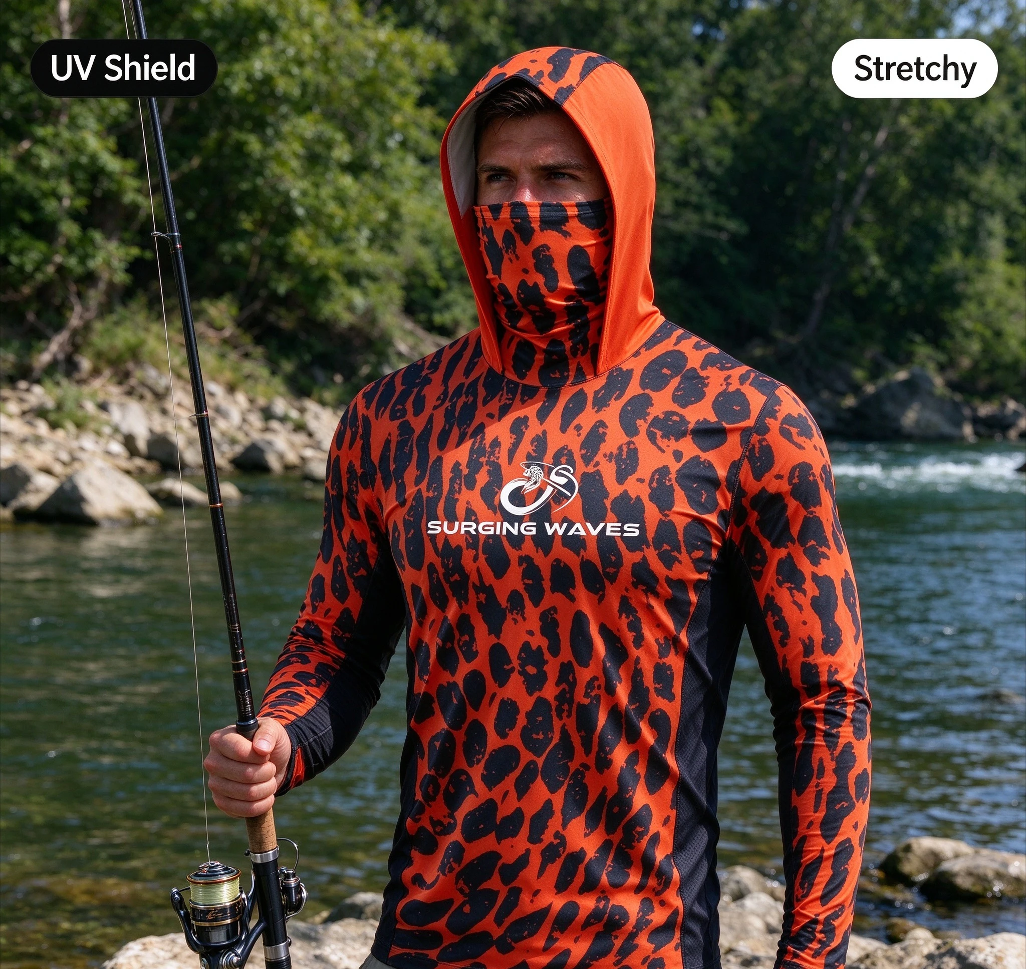 Mens Fishing Hooded Shirt UPF50 Sun Protection Face Cover Long Sleeve Quick Dry Animal Print Orange Outdoor Angling Stretchy