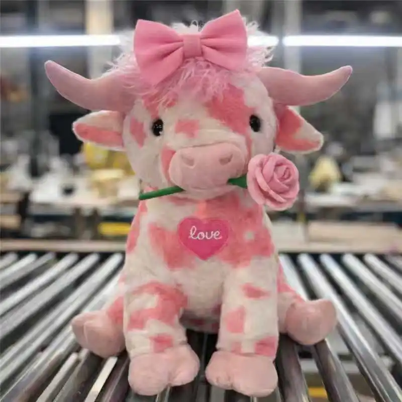 

Pink Cow Plush Toy 35cm/13.78in Stuffed Animal with Bow Knot Rose Heart Love Valentine's Day Gift for Kids Adults