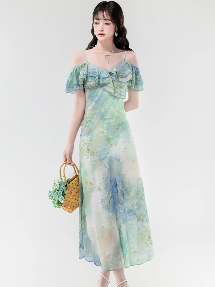 الصيف Bech نمط الأخضر الأزهار شيك تكدرت مثير حبال فستان طويل المرأة أنيقة قطعة واحدة فستان 2025 الكورية Bodycon فستان الحفلات #3