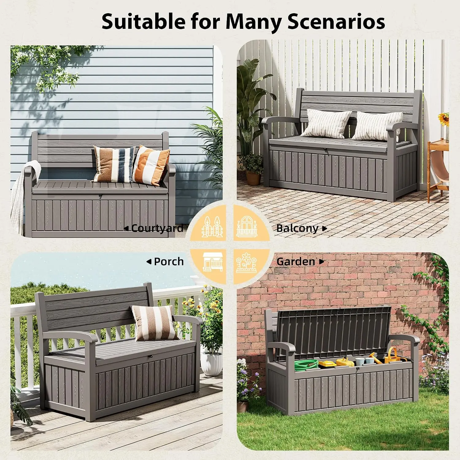 80 Gallon Lockable Deck Bench with Storage, Resin Stripes Outdoor Storage Box for Cushions Garden Tools and Pool Supplies Grey view 6