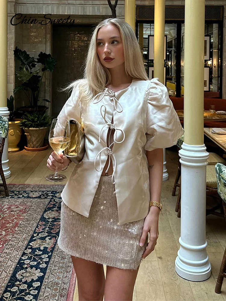 

Elegant Satin Women's Hollow Out Shirts Loose O-neck Short Puff Sleeve Party Blouses 2025 Summer Lady Fashion All-match Tops