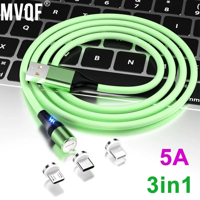 MVQF 3 In 1 Magnetic Data Cable 5A Fast Charging Silicone Usb Data Cable for Iphone 13 14  Huawei Samsung USB Cable for Android