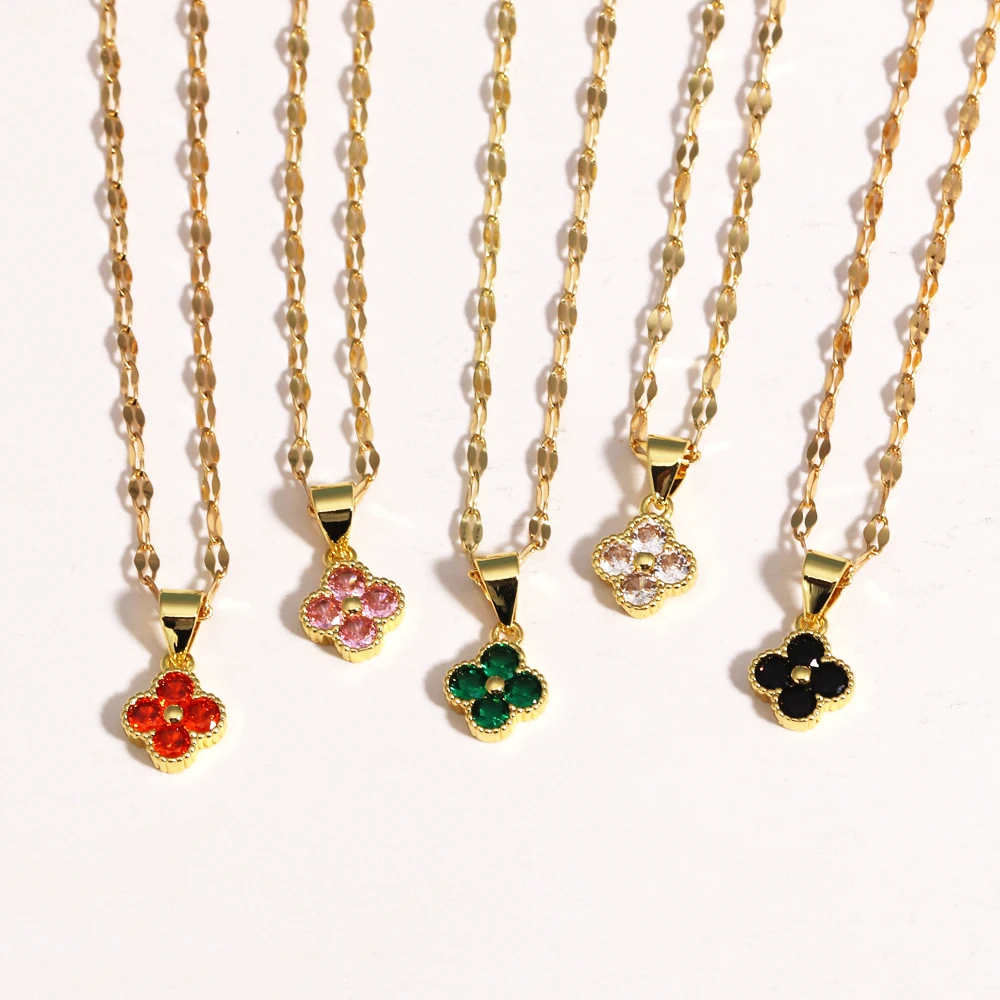 Stainless Steel Multicolor Zircon Four-Leaf Clover Necklace Female Personality Fashion Niche Collarbone Chain Design Sense