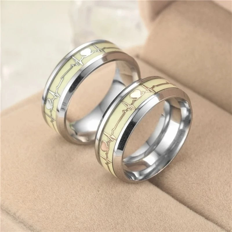 Stainless Steel Luminous ECG Rings for Women Man Exquisite Engraving Heartbeat Couple Finger Ring Promise Valentines Day Jewelry