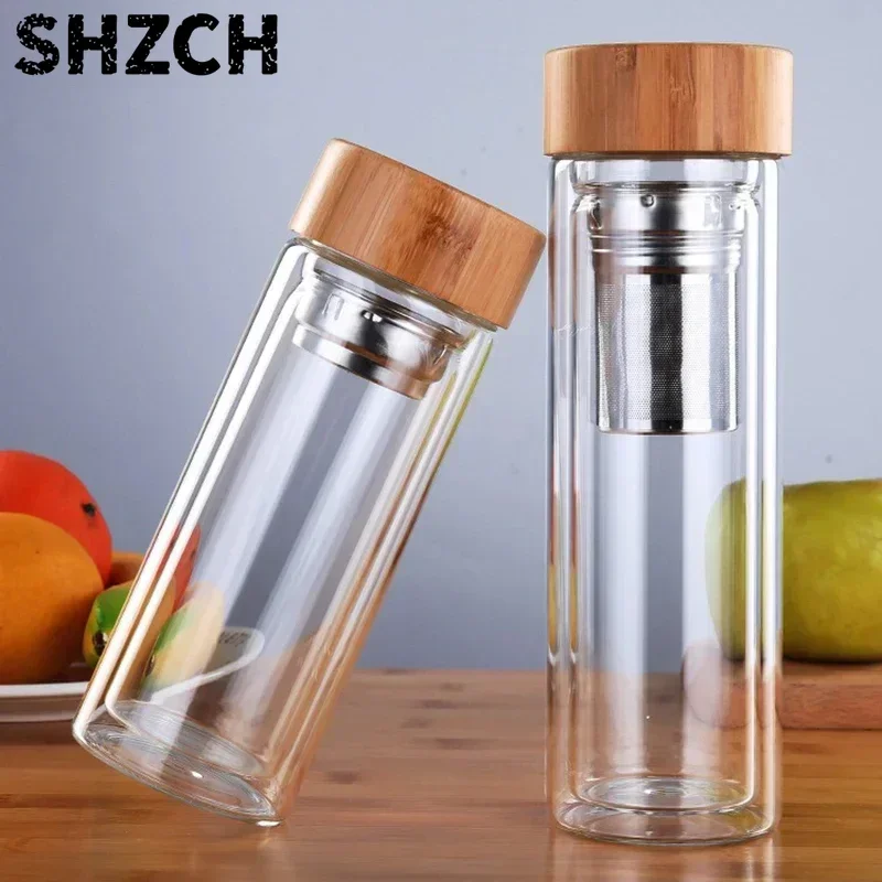 Doppelwandige Edelstahl-Glaswasserflasche mit Filter, Bambusdeckel und Tee-Infusor für Reisen und Zuhause, Tasse