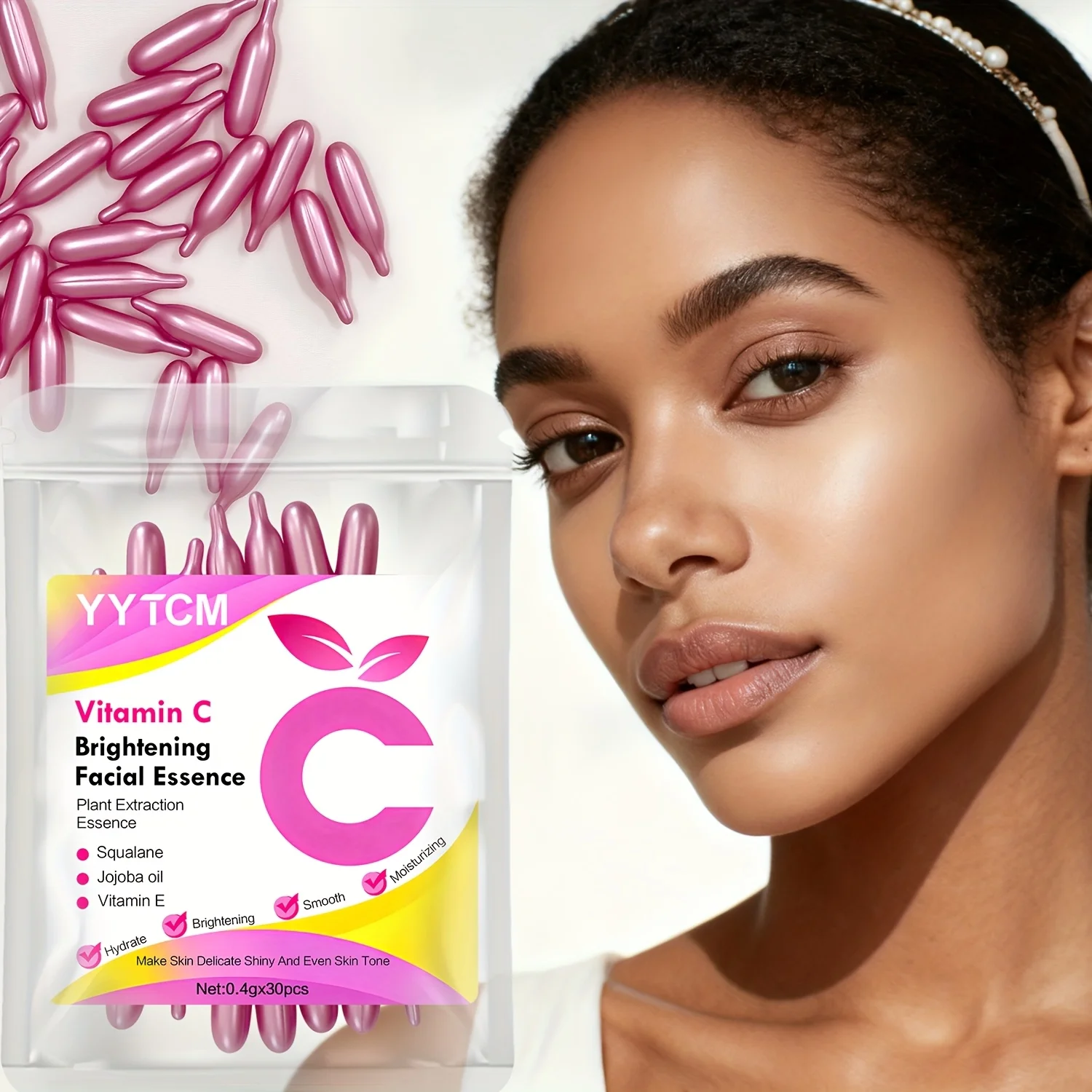 Vitamin C Brightening Skin Moisturizing Capsule Serum, hydrates and smooths the skin, contains plant squalane, vitamin E, magnolia oil, and jojoba seed oil for deep hydration and skin brightening (0.4g x 30 capsules)/bag-1 bag