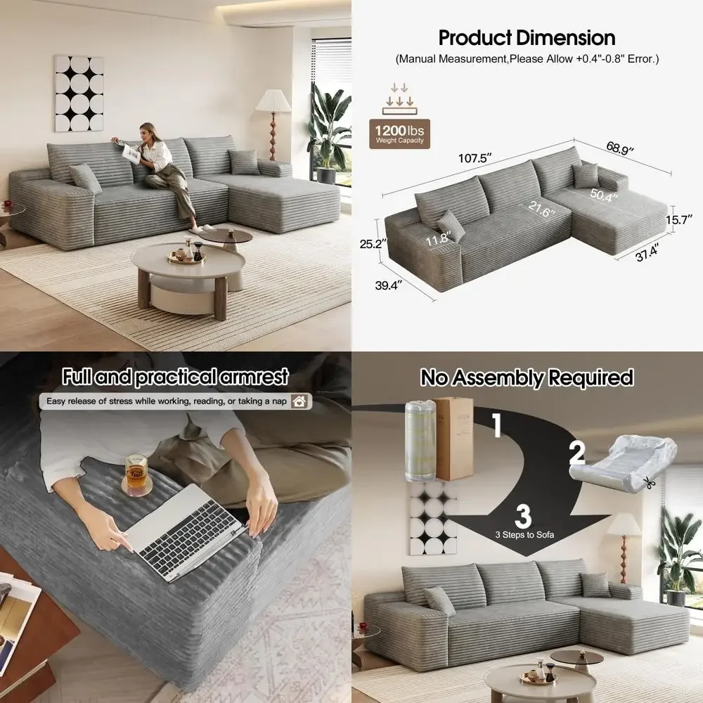 Sofá seccional moderno en forma de L de pana deshuesada con asiento profundo y chaise - No necesita montaje, comodidad en la nube, diseño modular