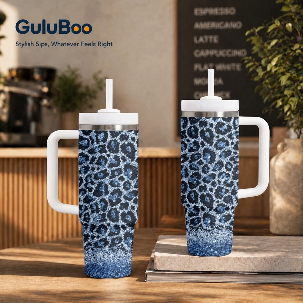Glitter Leopard Print Bundle Vacuum Flasks 40oz Stainless Steel Insulated Tumbler With Handle & Straw Leakproof Travel Mug