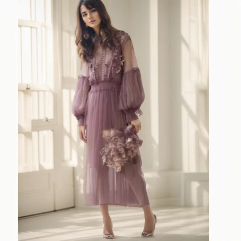 Women Evening Dress Three-dimensional Decoration Floral Mesh Stand Collar Lantern Sleeve Waist Up Ladies Dresses Summer 2024