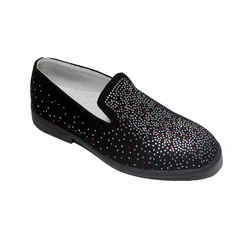 Zapatos de fiesta cómodos para niños, mocasines Vintage de terciopelo con diamantes de imitación, zapatos brillantes sin cordones, esmoquin, para niños grandes zapatos de vestir, novedad