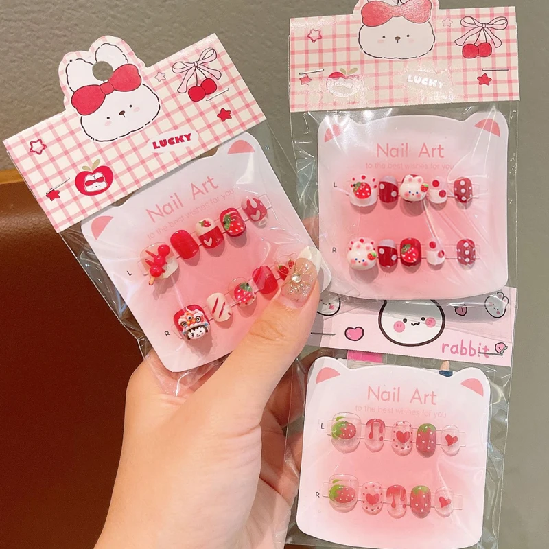 10Pcs Children's Cute Cartoon Rubbit and Strawberry Press on Nails Baby Fake Nails Girls Nail Tips with Toolkit image 3