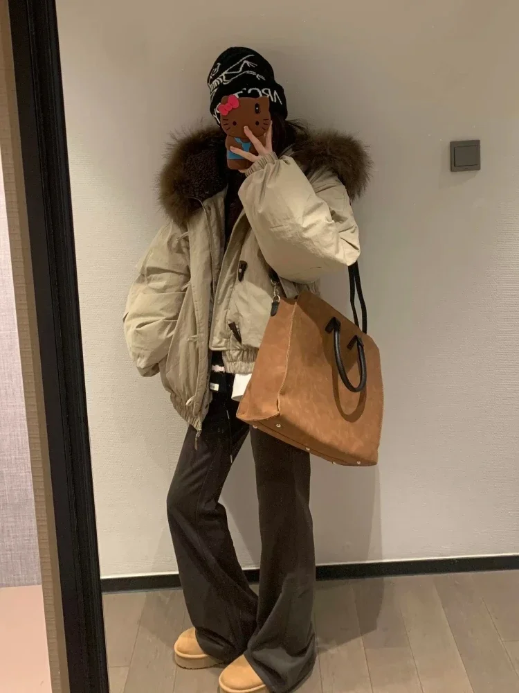 Retro Parka Damska z Guzikami, Luźna, Bawełniana, z Kołnierzem z Imitacji Futra, Ciepła Odzież Wierzchnia, Koreański Styl, Duże Rozmiary, Modny Płaszcz Zimowy