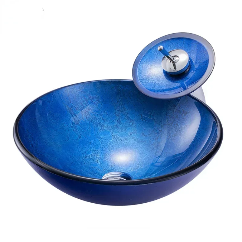 

Round bathroom wash combo kit tempered glass basin waterfall solid faucet sink