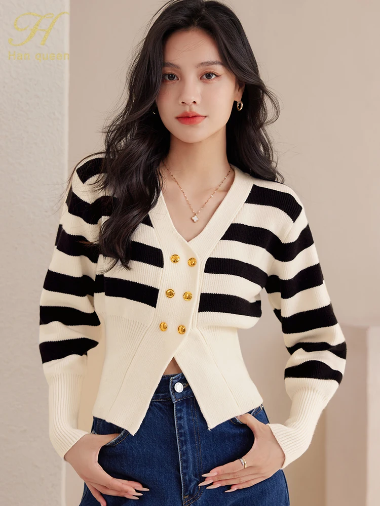 H Han Queen 2024 Autumn Color Blocking Stripes Knitted Cardigan Sweater Women\'s Tops Basic Double Breasted Long Sleeve Cardigans