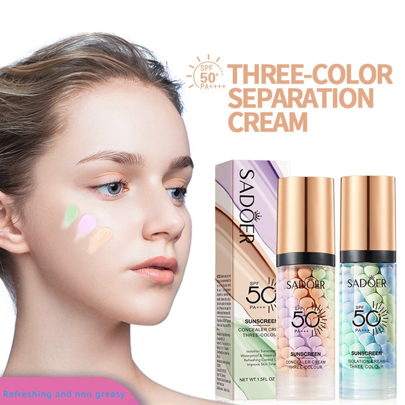 

Three-color rainbow sunscreen isolation repair cream conceals pores brightens the complexion refreshing and not greasy Skincare