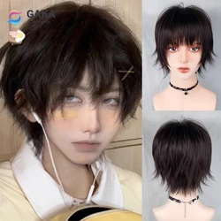 GAKA Black Brown Short Straight Synthetic Men Women Wig with Bangs Anime Cosplay Nature Hair Wig for Daily Party