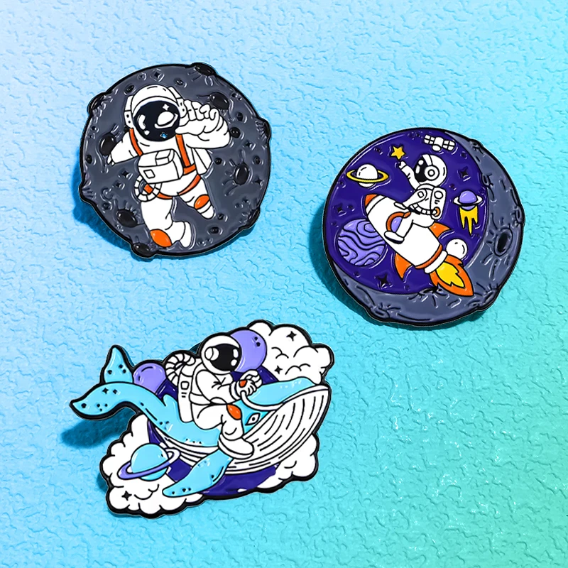 Cartoon Astronaut Pins 3-design Space Travel Spaceman Badge Metal Pin On Clothes Backpack Bags Lapel Brooch Friends Gifts