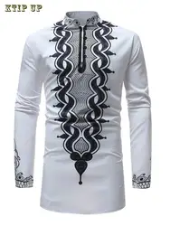 Luxury Casual Islamic Arabic Abaya Robe Fashion Ethnic Print Stand Collar Youth Mid-length Shirt Coat Muslim Men Clothing Kurta
