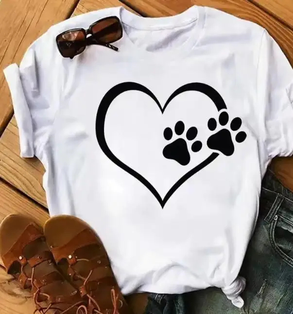 Women Pet Lover Graphic T-Shirt Heart Outline With Paw Prints Print Short Sleeve Casual Black Tee