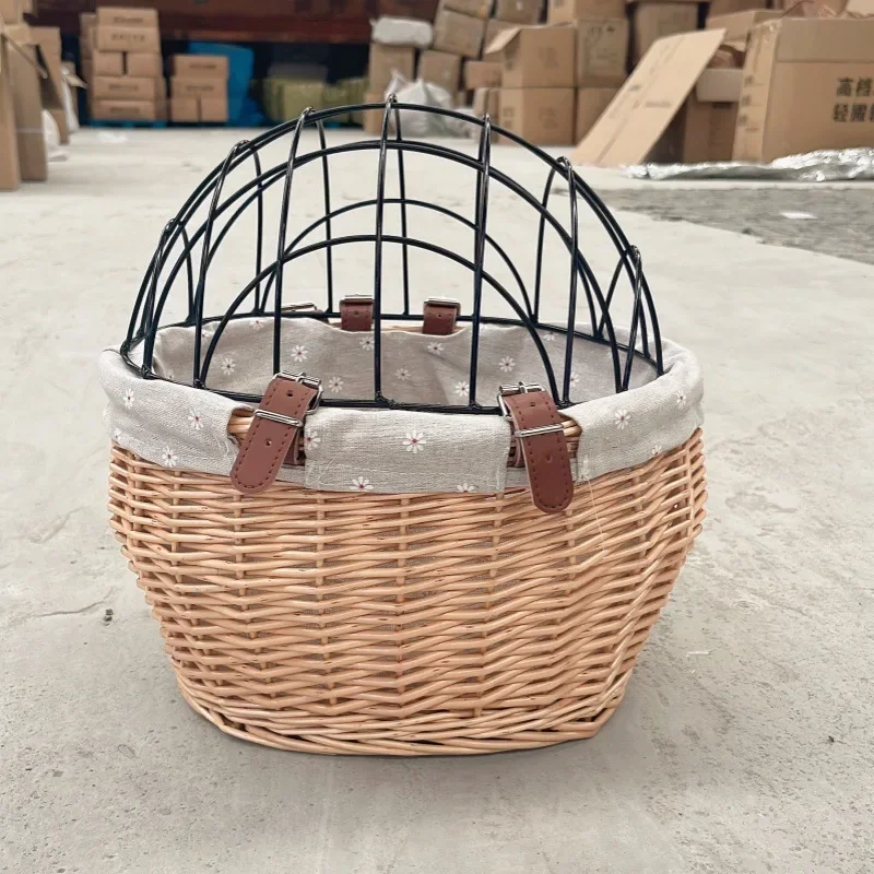 bicycle front handle basket, rubber rattan woven with cover pet cage pad removable and washable seat basket rattan braided