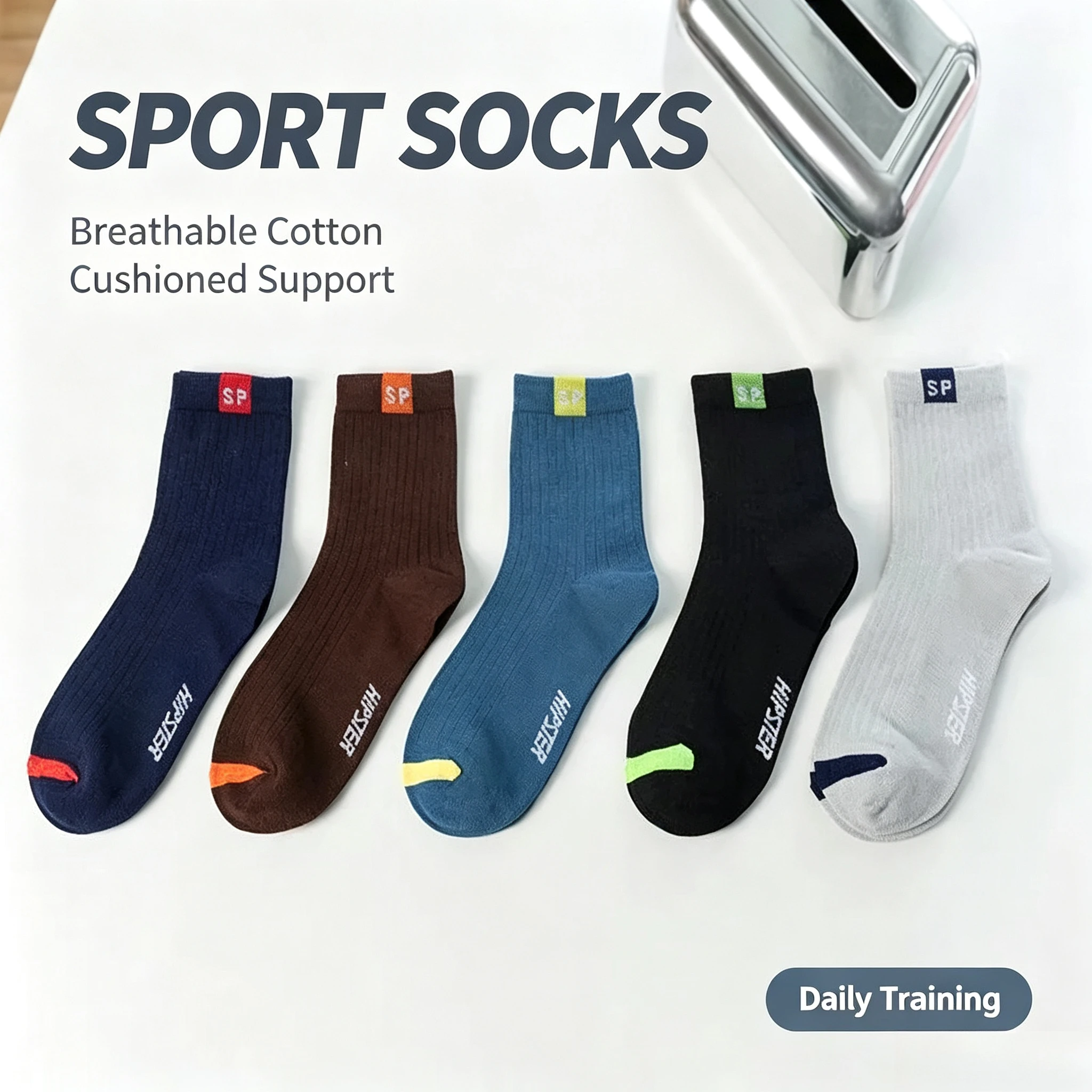 5 Pairs Spring Summer Men Cotton Socks Thin Breathable Solid Striped Sweat Wicking Casual Sports Tube Socks Daily Accessory