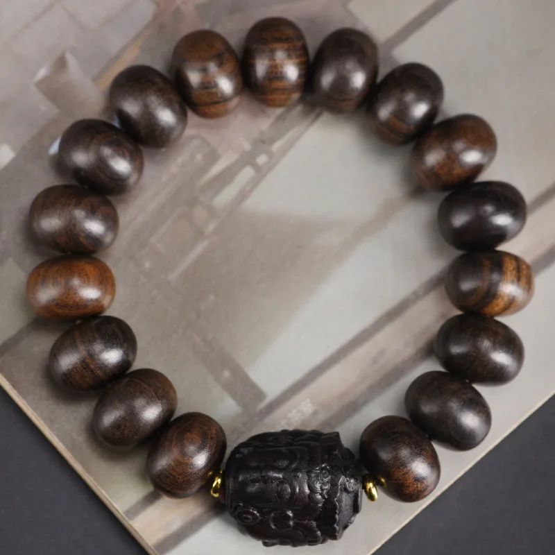 Bodhisattva Chess Agarwood Abacus Three-Faced Buddha Bracelet Buddhist for Men and Women, Decorative Prayer Beads, H