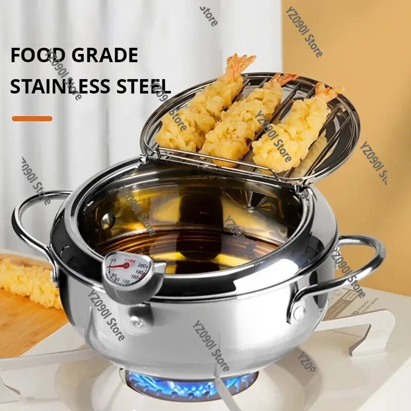 

Oil-Saving Tempura Frying Pan Stainless Steel with Thermometer & Lid Household Small Fryer for French Fries