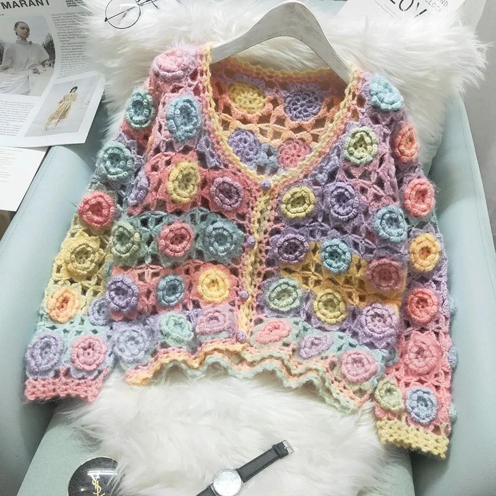 2024 Autumn Winter New Design Knitwear Heavy Industry Manual Rose Crocheted Hollow-out Knitted Cardigan Sweater Top Coat Women