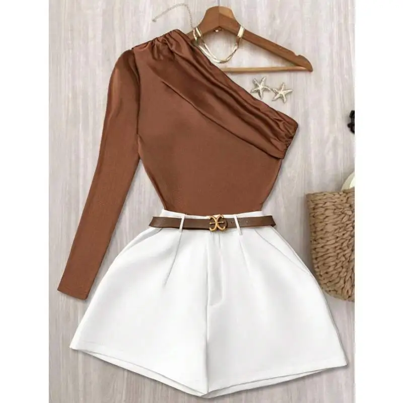 

Ele Pure Color Asymmetric Top And orts Two-Piece Set 50004 Sle Casual Sportswear for Men Autumn Season Seven-Quarter ...