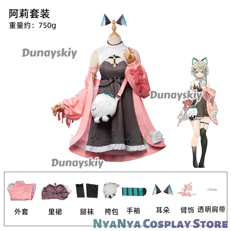 Disfraz Virtual Youtuber Allie ssiabrigo rosa vestido de Lolita bolso de hombro cola de oreja conjunto completo mujer traje de Carnaval de Halloween