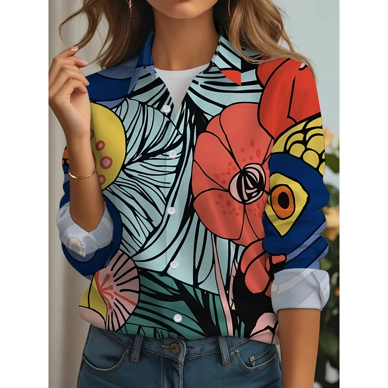 New Women's Casual Long-Sleeve Shirt with Dazzling Floral Clusters and Playful Eye Spots, Contrasting Colors Weaving a Tropical