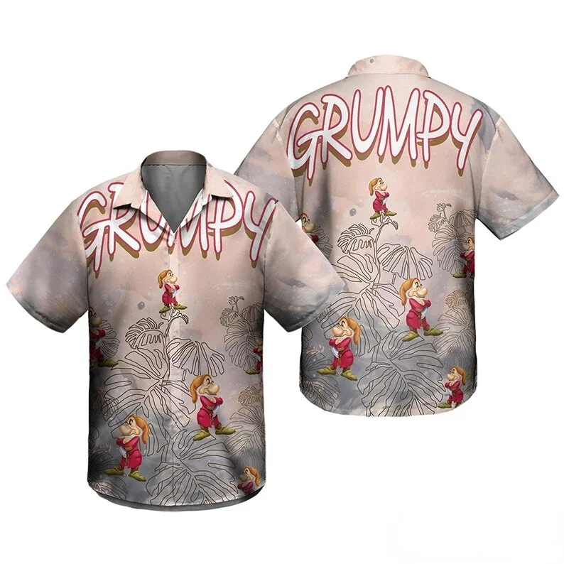 2024 New Disney Hawaiian Shirt Grumpy Hawaiian Shirt Disney Seven Dwarfs Short-sleeved Shirt Casual Retro Top