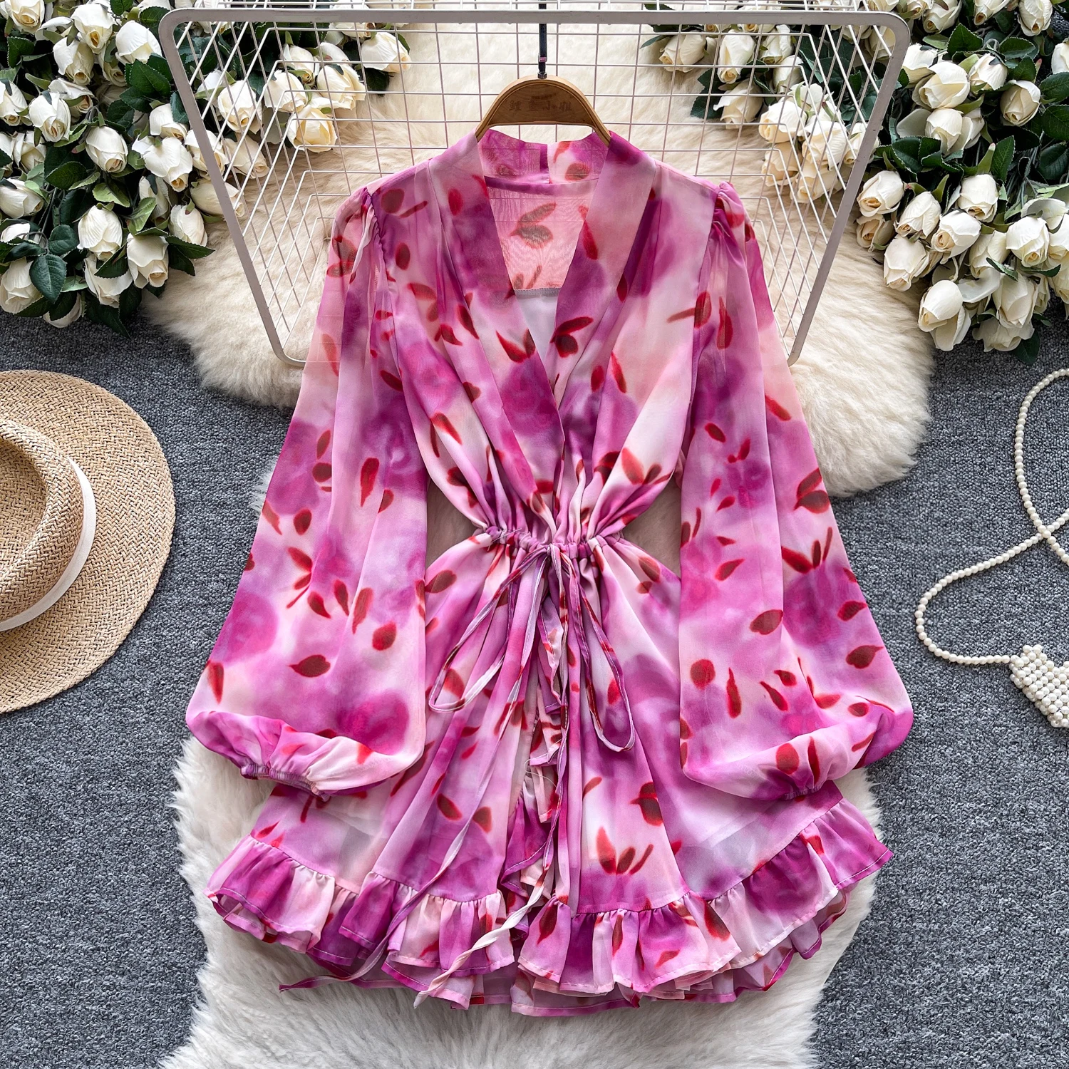 Chic vintage V-neck Ruched print slim Elegant Fairy korean fashion Boho Sundress women clothing mini dress