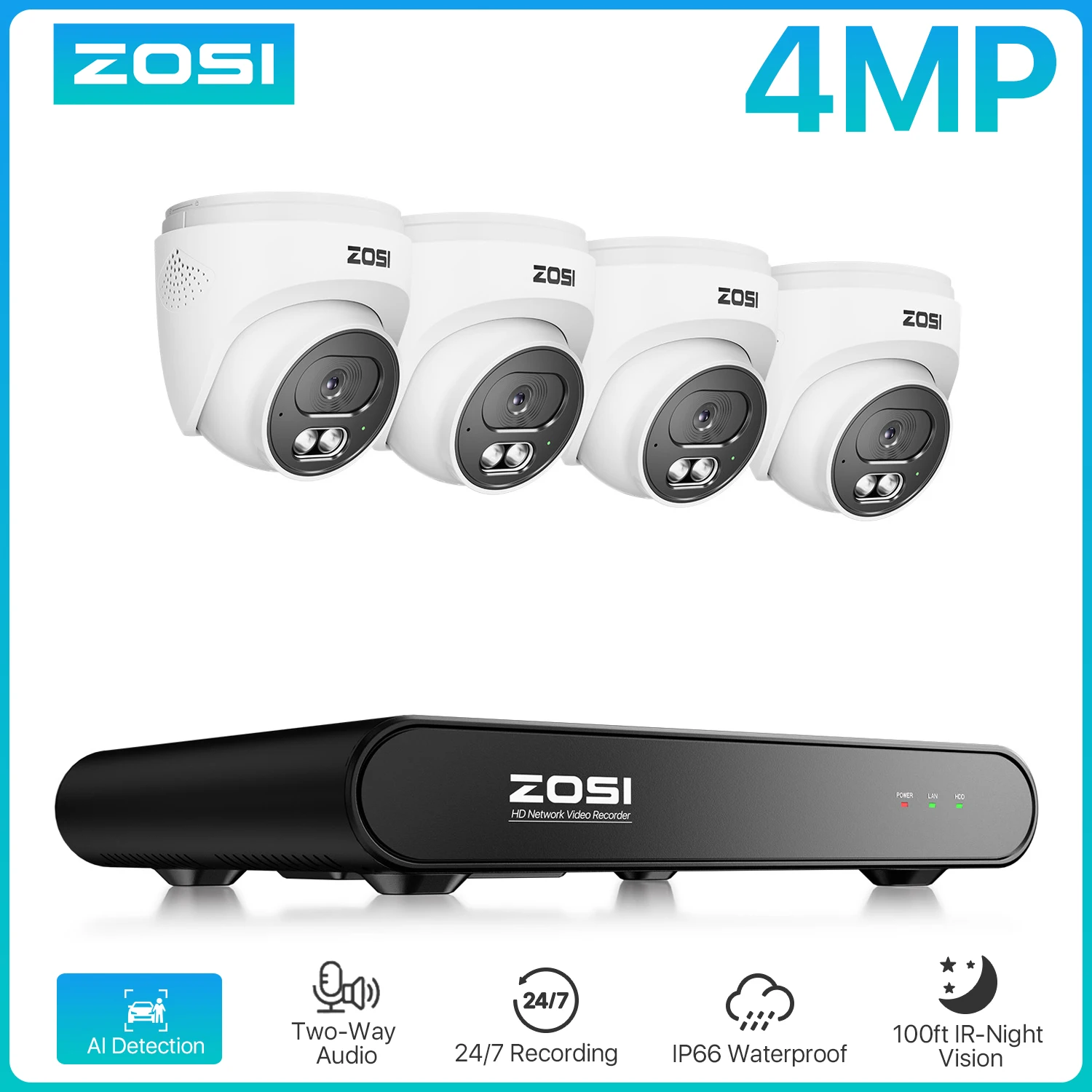 ZOSI 8CH 3K PoE Security Camera System 5MP H.265+ NVR 4MP HD Outdoor IP Dome Camera 2-Way Audio Home CCTV Video Surveillance Kit