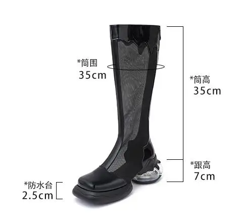 Girls Beige Black Shiny Leather Air Mesh Patchwork Air Cushion Square Toe 7 CM Heels Zipper Back Knee High Boots Drop Shipping