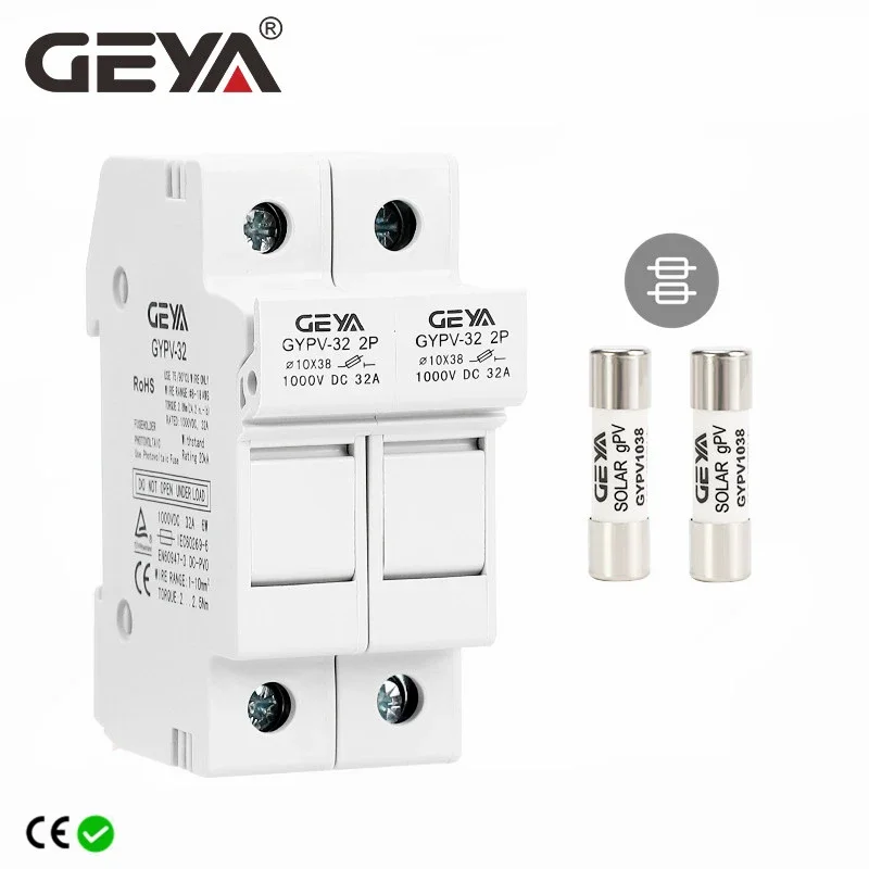 GEYA 1P 2P Parallel DC Fuse Holder 10x38mm High Voltage Solar PV 1000V Fuse Link Base 10A 15A 20A 25A 30A GYPV-32 Fuse Base