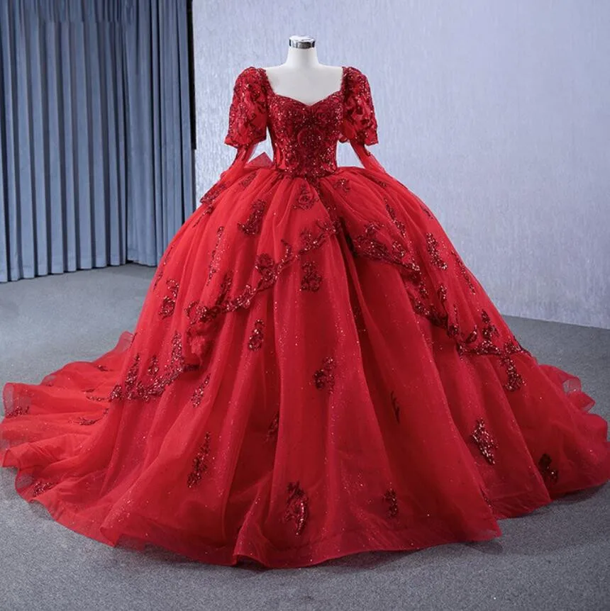 Wine Red Luxury Princess Quinceanera Dresses with Long Sleeve Sparkly Applique Sequins Lace-up Corset vestido de 15 quinceañeras